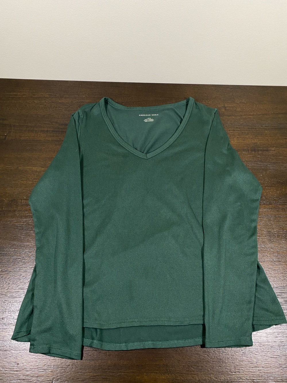 American Eagle Forest Green Ribbed Long Sleeve V-Neck Top - Large
